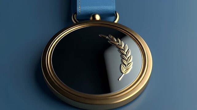 Gold Medal With Blue Ribbon Lying on a Blue Surface Showing Symbol of Triumph and Achievement for Winning a Competition