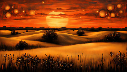 Surreal orange landscape with giant sun and floating lanterns at sunset