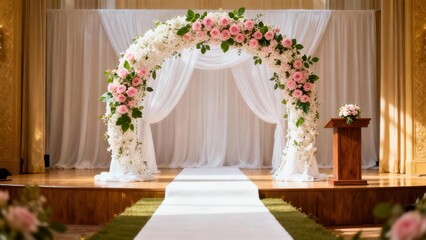 Elegant indoor wedding ceremony setup featuring a lush arched structure decorated with white blooms and delicate blush pink roses over a wooden stage.