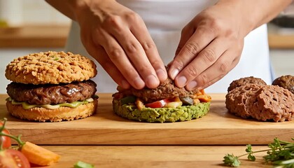 Assembling plant based burgers with fresh ingredients for healthy eating choice burger plant-based, assembly.