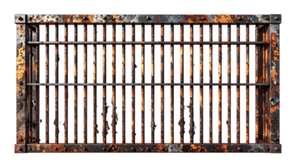 A rectangular, rusted metal grate with vertical bars and a bolted frame, suggesting age and exposure to the elements