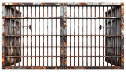 A weathered, rusty metal structure with rectangular bars arranged in a symmetrical pattern, resembling a prison gate or enclosure