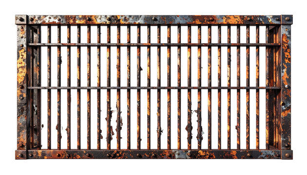 A rectangular, rusted metal grate with vertical bars and a bolted frame, suggesting age and exposure to the elements