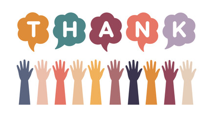 a diverse group of hands lifted with colorful thank you speech bubbles, perfect for appreciation campaigns, volunteer promotions, teamwork visuals, community outreach designs, and positive 