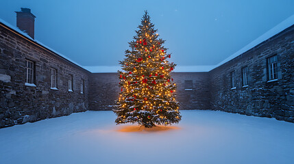 Festive fir radiates warmth amidst a snow-covered courtyard. A towering tree, adorned with twinkling lights, stands in winter's embrace in an old stone building.