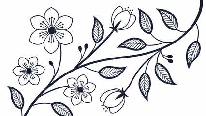 Elegant Black and White Floral Branch Line Art Illustration with Blossoms and Leaves, Minimalist Botanical Design Element