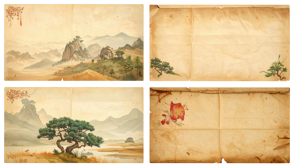 Four landscape depictions, two mountainous vistas, and two parchment pages with decorative flora/foliage