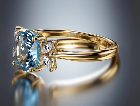 Gold ring with blue topaz and diamonds shining on reflective surface