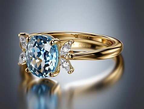 Gold ring with blue topaz and diamonds shining on reflective surface
