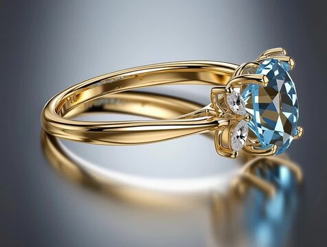 Gold ring with blue topaz and diamonds shining on reflective surface