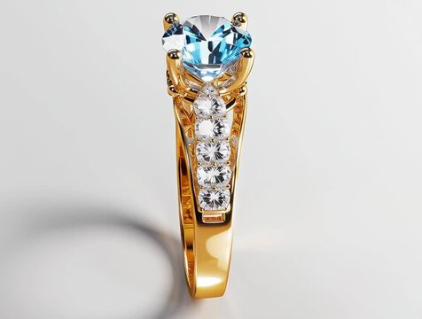 Golden ring with blue topaz and diamonds shining on white background