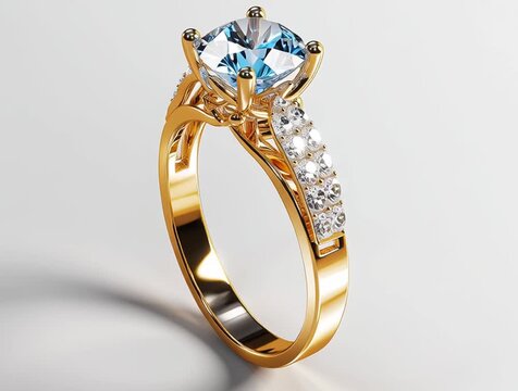 Golden ring with blue topaz and diamonds shining on white background
