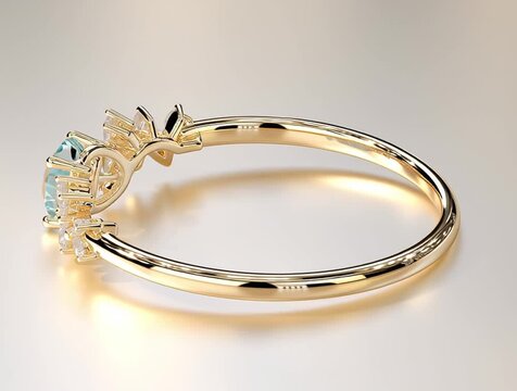 Elegant golden ring with light blue topaz and diamonds embellishments