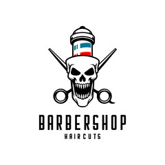 Skull with barber pole and scissors crossed, barbershop skull 
