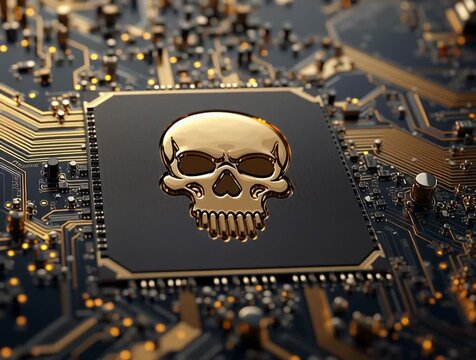 Skull printed on a microchip showing computer virus danger