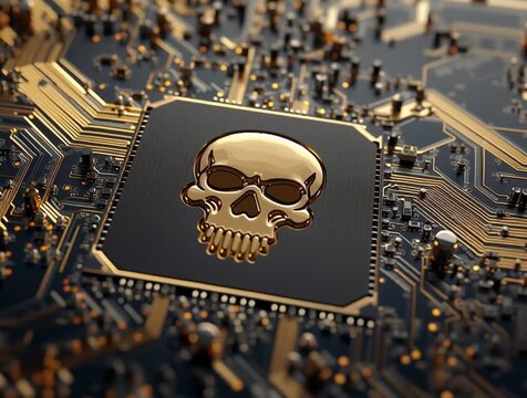 Skull printed on a microchip showing computer virus danger