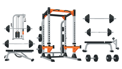 Modern gym equipment set with barbells and benches for fitness training