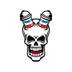 Barbershop skull, skull with two barber pole lamp