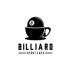 Billiard coffee cafe, a glass of coffee with eight ball of pool