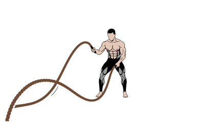 Fitness enthusiast training with battle ropes in minimalist style