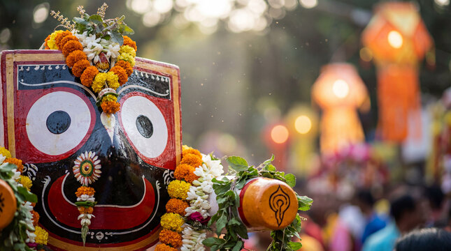 Closeup of lord jagannaths face adorned with marigold garlands during ratha yatra festival in puri, india