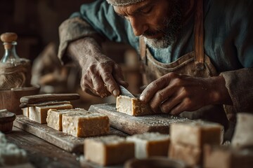 Bearded man cuts soap with knife in rustic workshop Image