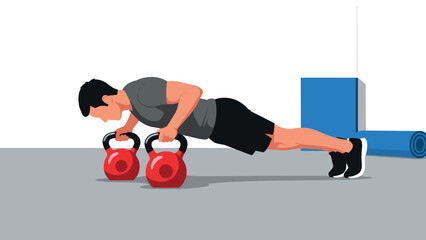 Kettlebell push-up workout in modern gym setting