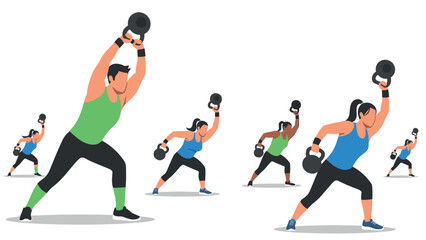 Group fitness training with dumbbells in dynamic action pose