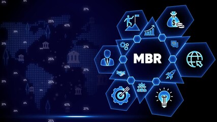 Business concept diagram with MBR text and interconnected icons on a digital world map background education - Powered by Adobe
