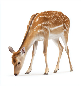 Spotted deer standing and sniffing the ground on a white background