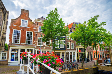Streets and canals of old beautiful city Delft, Netherland