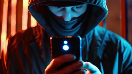 A person in a dark hoodie using a smartphone with a neon background. - Powered by Adobe