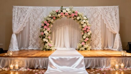 Elegant indoor wedding ceremony backdrop featuring a floral arch made of pink and white roses centered on a wooden stage with a satin aisle runner.