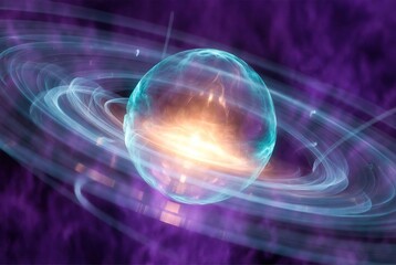 Obraz premium Abstract glowing orb with energy rings and ethereal light on purple background