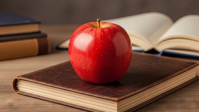 Red apple resting on an open book symbolizing knowledge and learning - Powered by Adobe