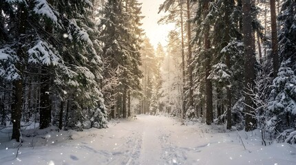 Sunlight filtering through tall pine trees along snowy forest path