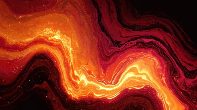 Colorful abstract art resembling molten lava flows in deep shades of red, orange, and yellow with swirling patterns and luminous highlights