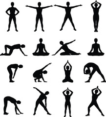 Silhouette Yoga Poses and Stretching Positions in Grid Layout for Fitness, Wellness, Meditation, and Educational Illustration Use