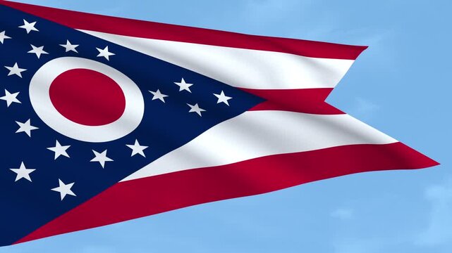 Ohio flag is waving against a clear blue sky.