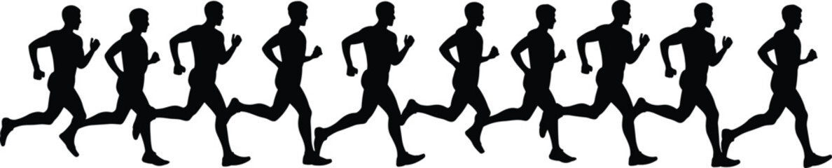 Silhouettes of a Runner in Sequential Motion Capturing Biomechanics, Athletic Movement, and Physical Energy on White Background