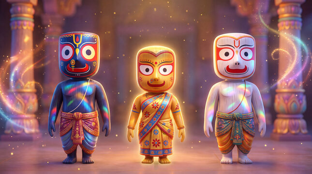 Three deities resembling jagannath, balabhadra, and subhadra figures standing in a glowing, ornate temple setting with magical light effects