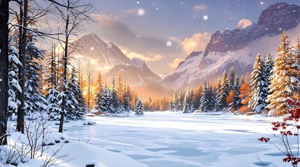 Frozen lake in snowy forest at sunset with illuminated mountain backdrop