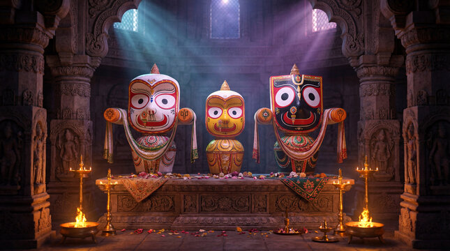 Idols of lord jagannath, balabhadra, and subhadra in a dimly lit, ancient temple setting with dramatic lighting and oil lamps