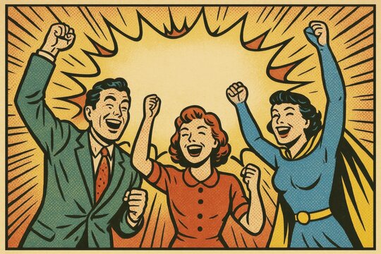 Comic book style illustration of three people celebrating a victory