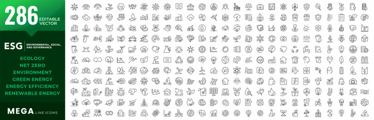 Big ESG line icons mega collection. Environmental, Social, Governance, solar panels, recycling, green city, ecology, renewable energy, energy efficiency, net zero, big UI icon set. Editable stroke