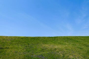 Minimalist Landscape of Clear Blue Sky Meeting Green Grassy Hill
