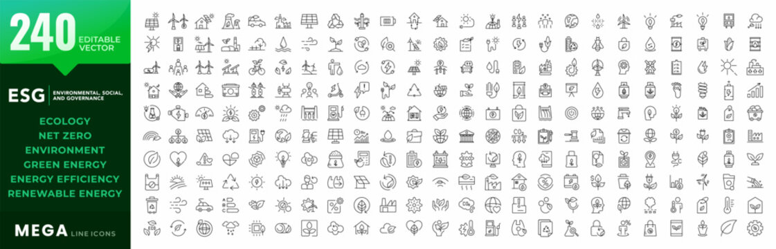 Big ESG line icons mega collection. Environmental, Social, Governance, solar panels, recycling, green city, ecology, renewable energy, energy efficiency, net zero, big UI icon set. Editable stroke