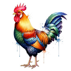 Fototapeta premium Watercolor Colorful Rooster with Dripping Paint Effect isolated on a transparent background