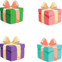 Set of vector images of gift boxes in green, red, purple and blue colors with pink and yellow bows isolated on white background.