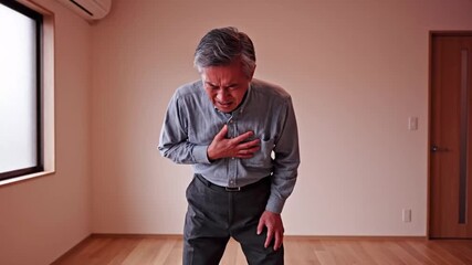Elderly Man Experiences Mild Chest Discomfort in a Calm Indoor Setting